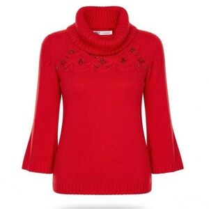 New York & Co Acrylic Cowl Neck Jewel Flare Sleeve Sweater Red Size Small